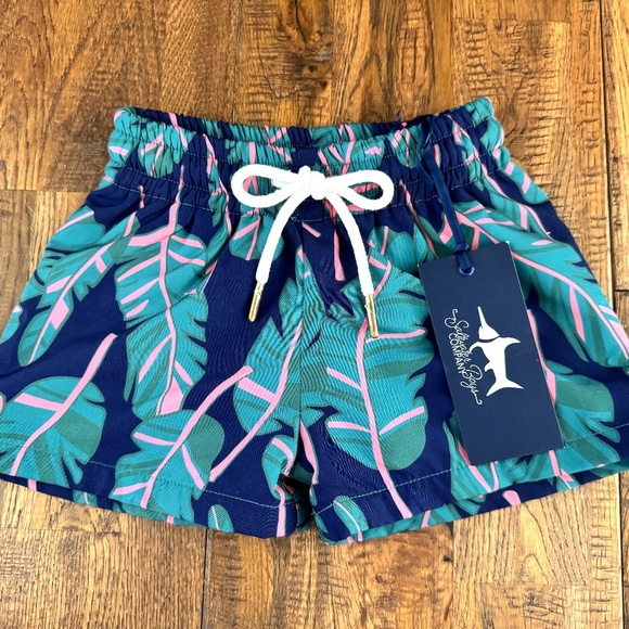 NWT Saltwater Boys Saint Simons Swim Trunks Boys Size 12 Months Navy Palms